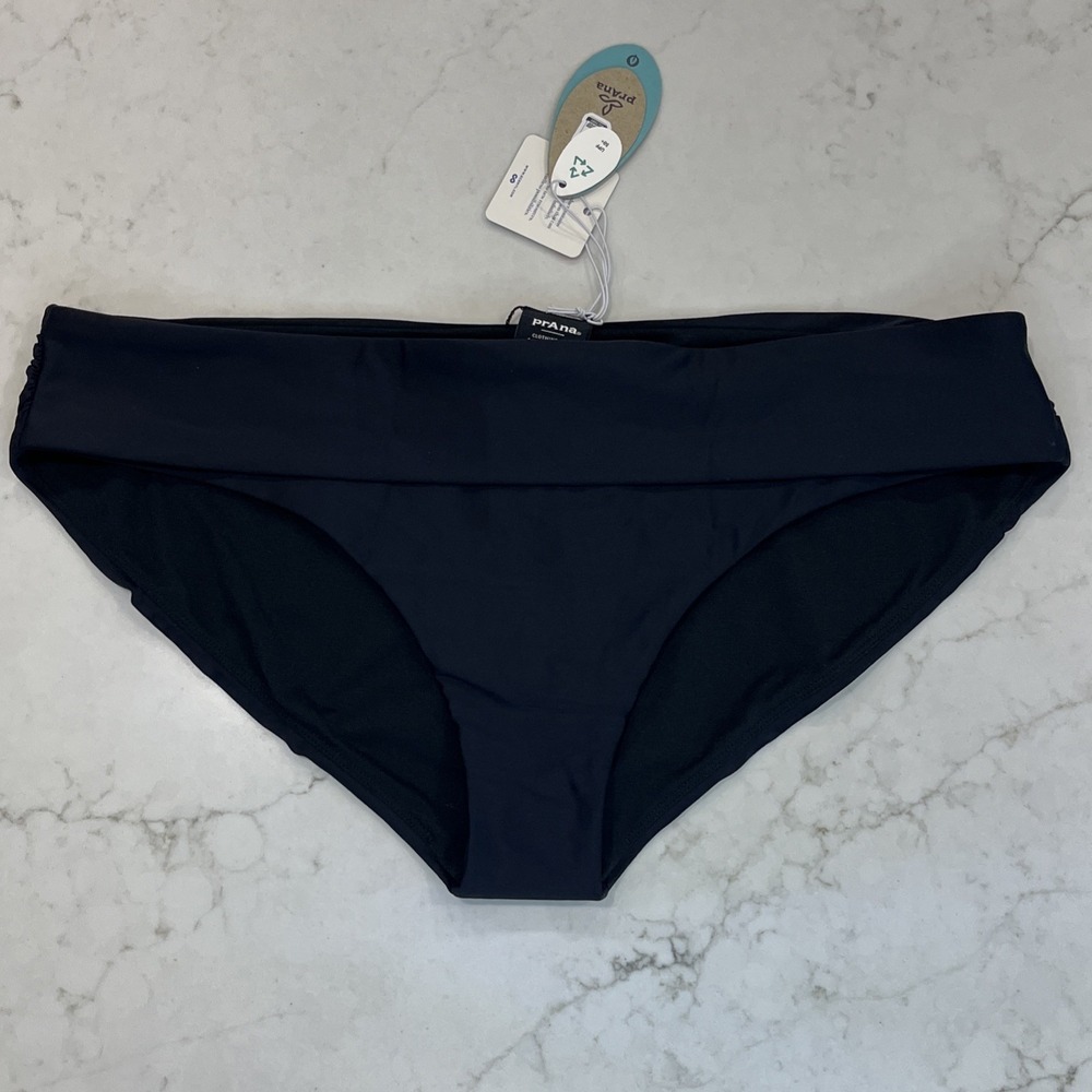 prAna NEW XL Black Marta WIde Foldover Waistband Bikini Bottom‎ Mid RIse Swim